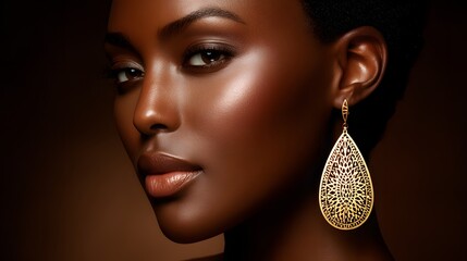 Elegant Portrait of a Woman with Stunning Golden Earrings and Radiant Skin Glow