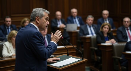 Politician delivering a speech in a legislative assembly with attentive audience members
