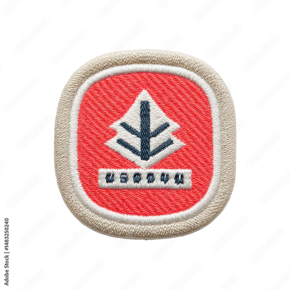 Poster this shows red embroidered patch with white border and central design featuring stylized arrow point