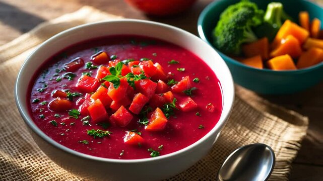 Rich bowl of borscht, adorned with diced tomatoes. The ultimate comfort food!
