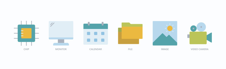 Digital Essentials Icon Set Isolated Vector Illustration Concept With Icon Of Chip, Monitor, Calendar, File, Image, Video Camera In Flat Style