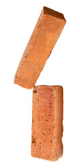 Side view of two cracked old red or orange bricks in stack isolated with clipping path in png file format