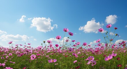 Pink Cosmos Field Under Blue Sky - Serene pink cosmos flowers sway gently under a vibrant blue sky dotted with fluffy white clouds. Symbolizing peace, beauty, nature, hope, and new beginnings