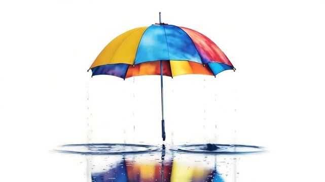 Нand-drawn cartoon colorful umbrella under raindrops on white background