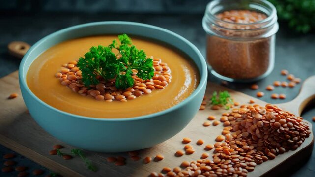 Red lentil soup. Classic preparation. Plant-based dish.