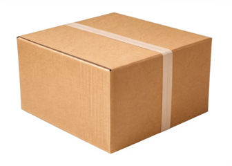 Brown cardboard box closed with tape isolated on a transparent background.