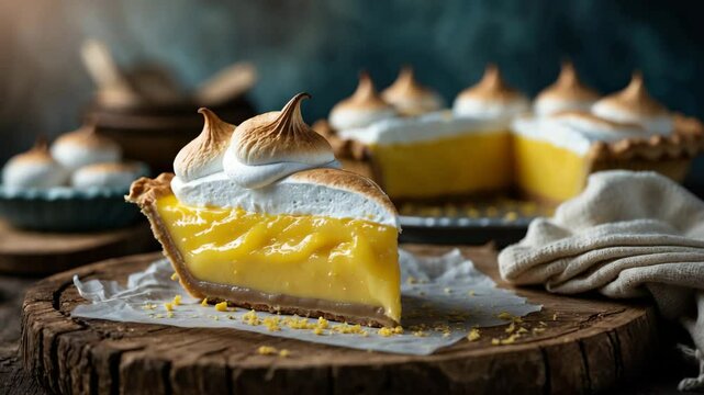 Lemon Pie wedges topped with toasted meringue placed on a wooden board.