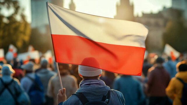 A peaceful demonstration of Polish citizens on a sunny day with a man proudly holding a waving Polish flag on a city street. AI generative 4K video