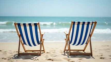 Pair of striped beach chair on sandy coast facing blue ocean under clear sky. Summer vacation and travel concept for holiday relaxation and getaway.