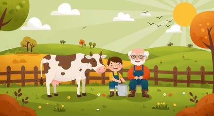 Naklejka premium Grandfather and Grandson Bonding Over Milking Cow on Sunny Farm Illustration