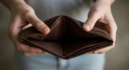 Close Up of Empty Brown Leather Wallet Held Up Centered on Gray Background Indicating Financial Trouble