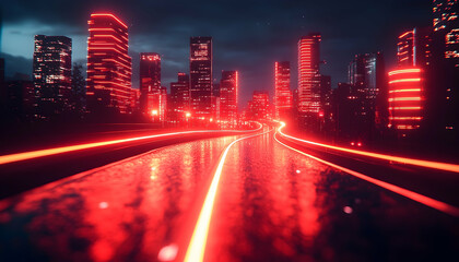 Neon-lit cityscape at night, showcasing a curving highway with bright red lines reflecting on a wet road surface.  The city skyline features tall buildings with vibrant red outlines