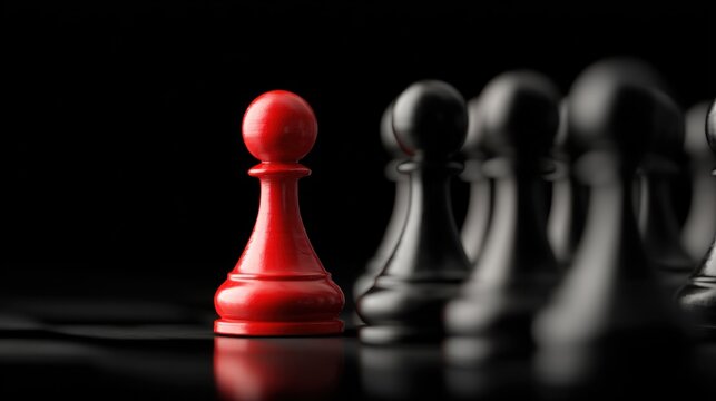 Red pawn standing out amidst black pawns