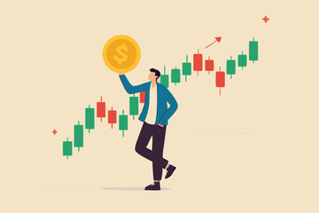 Stock market trader, technical analysis to buy and sell stock to earn profit, investment or wealth management, trend following concept, businessman trader hold money dollar coin with chart and graph.