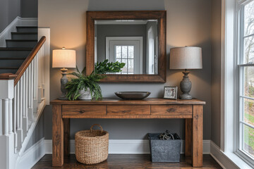 Console table with mirror and basket.