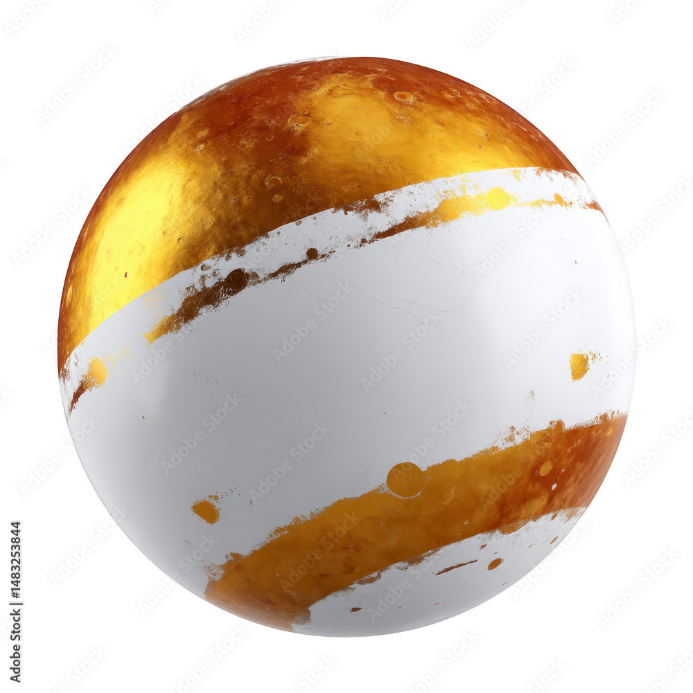 Poster spherical object with glossy surface features striking design of gold and white stripes, creating lu