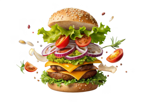 Burger exploded ingredients layout isolated on a transparent background.