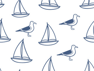 Seamless nautical pattern with sailboats and seagulls in blue outline style on white background. Coastal marine theme illustration. Perfect for summer fabrics, wrapping, or 