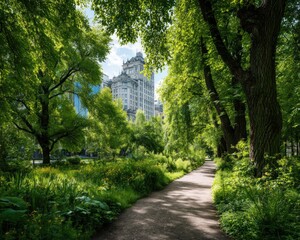 Park path lined with lush greenery in front of a modern building