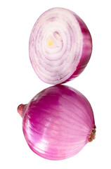 Single fresh peeled red or purple onion bulb with half in stack isolated with clipping path in png file format