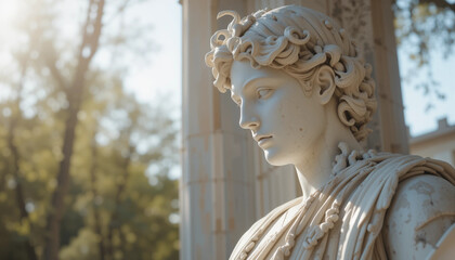 Classical Sculpture in Sunlight: A serene classical sculpture, carved in pristine marble, stands in the soft glow of sunlight. Evoking timeless beauty and the elegance of art.