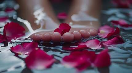 Relaxing foot soak with rose petals and essential oils