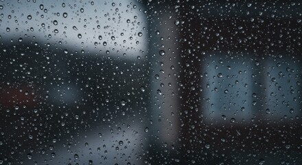 Obraz premium Rainy Day Window View - Raindrops on a windowpane, blurring the city view. Symbolizing reflection, isolation, contemplation, transition, and mystery