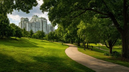 Obraz premium Park path on a sunny day next to buildings
