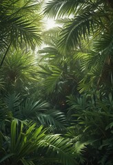 Deep green palm fronds, sunlight dappled, rich tropical atmosphere , exotic plants, palm frond, palm leaves background