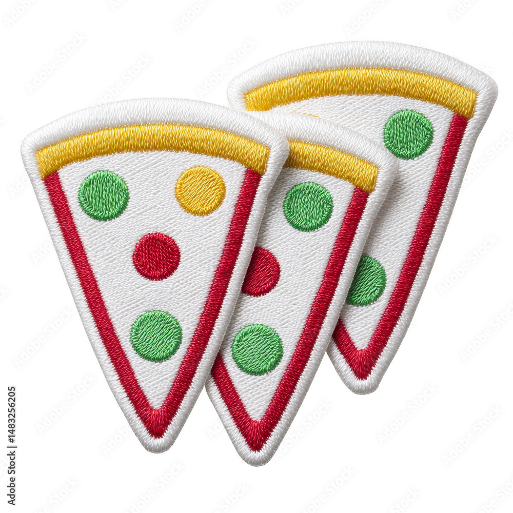 Poster three embroidered pizza slice patches with colorful toppings create playful and fun design. patches 
