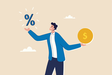 Lending, mortgage or loan interest rate, financial credit, economy growth or income tax calculation, debt or financial credit, investment concept, businessman holding dollar money coin and percentage.