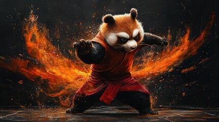 Fierce panda warrior in fighting stance, surrounded by fiery energy