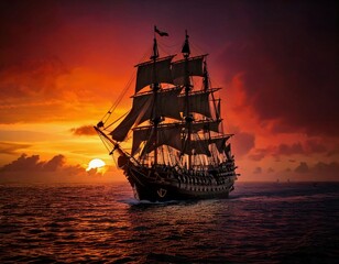 Fototapeta premium Sailing ship at sunset over the ocean with orange sky and silhouette
