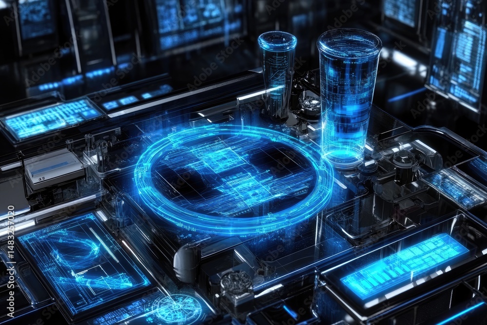 Poster futuristic technology interface with glowing holographic displays and transparent objects