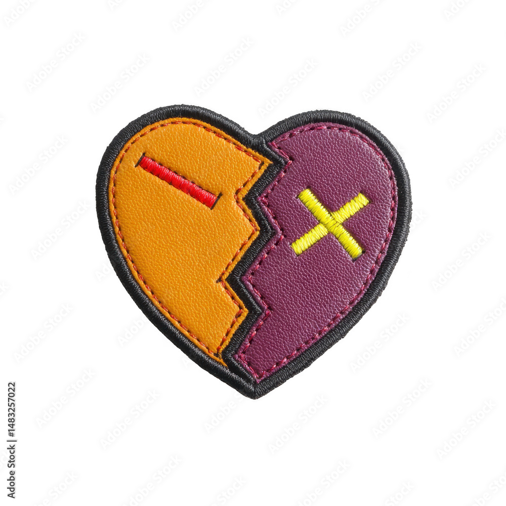 Poster heart shaped patch with colorful design features split down middle, with one side orange and other p
