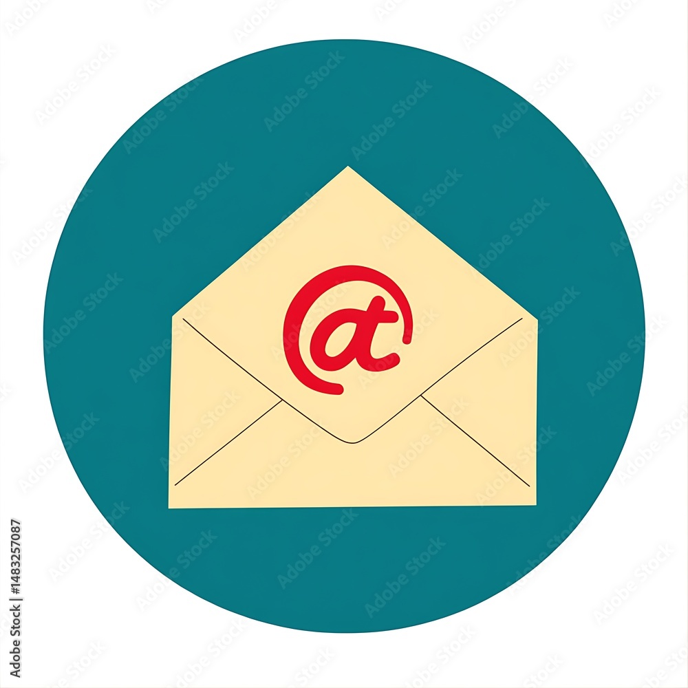 Poster stylized mail envelope with @ symbol on teal circle, communication concept for messages and online s