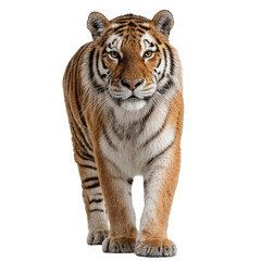 Fototapeta premium Powerful adult tiger walking forward with intense gaze, isolated on transparent background