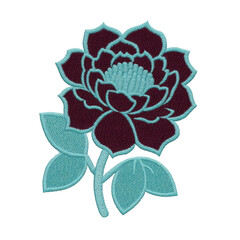 Beautifully embroidered flower with intricate details and contrasting colors, featuring dark center and lighter petals, accompanied by delicate leaves