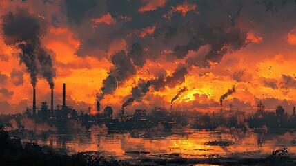 Industrial sunset over a polluted landscape.