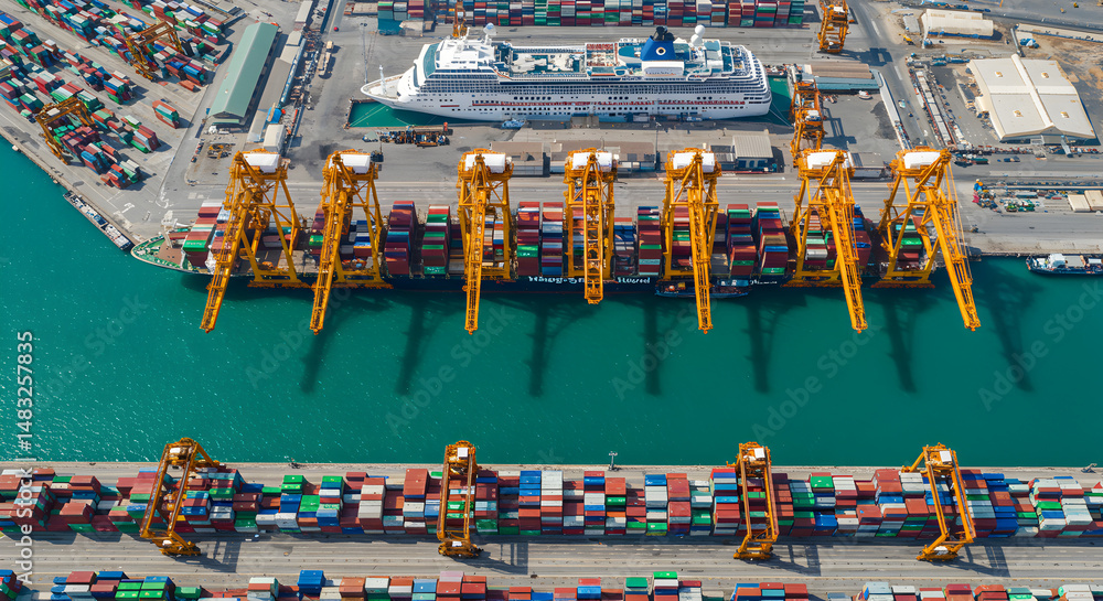 Poster high angle view of a busy port with multicolored shipping containers gantry cranes and a passenger s