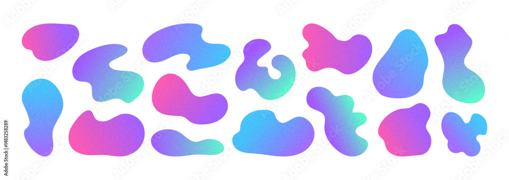 Aufkleber collection of abstract irregular blob shapes with neon gradients and soft grain texture in pink, blu