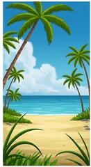 Fototapeta premium Tropical Beach Scene: Palm Trees, Ocean, Sand