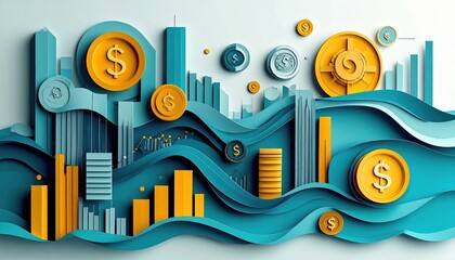 Obraz premium Abstract Financial Growth Concept Paper Art Waves of Success with Rising Dollar Coins and Charts