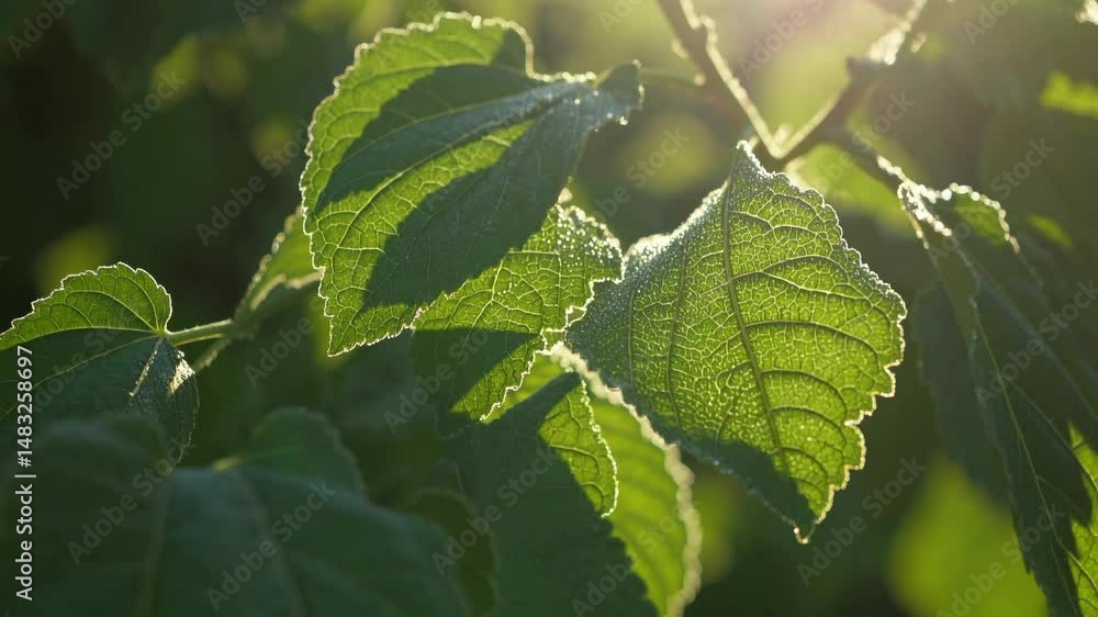 Poster green foliage illuminating with soft sunlight, casting dancing shadows and light patterns