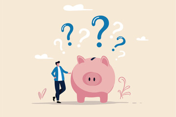 Finance question or saving problem, doubt or confusion, banking or economic uncertainty, contemplation or money solution, wealth concept, confused businessman with piggybank and question marks.