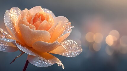 Beautiful peach rose flower with water droplets glistening in soft morning light