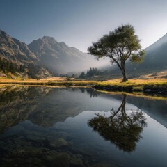 Reflective mountain lake with lone tree
