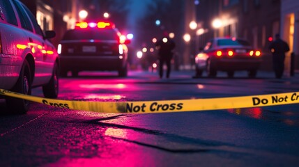 Nighttime crime scene with police cars and barricade tape