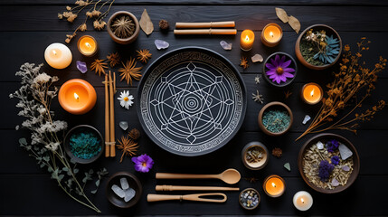 Wiccan witch altar prepared for sound healing magick with 741hz tuning fork and Tibetan singing bowl. Esoteric flat lay with dried plants, flowers, crystals, burning lit candles on a dark wooden table