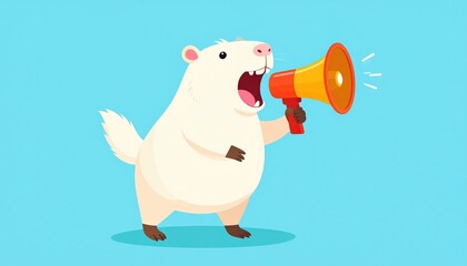 Fototapeta premium Cute White Rodent Cartoon Character Holding a Megaphone Announcing an Important Message